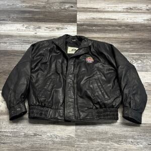 Vintage Burks Bay Genesee Brewing Co. Black Mens‎ L Lamb Leather Bomber Jacket